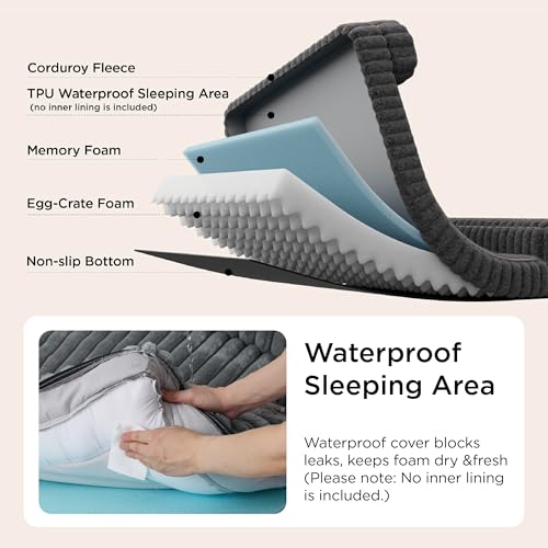 Bedsure ComfyFleece™ Orthopedic Dog Beds Large Sized Dog, Waterproof Memory Foam Pet Couch Sofa with Sides, Non-Slip Bottom and Egg-Crate Foam Large Pet Bed with Washable Corduroy Cover, Grey