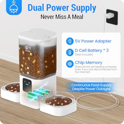 Frienhund Automatic Cat Feeder 2 Cats with Slow Feed: Dual Automatic Dog Feeder with 5G WiFi, Cat Food Dispenser with APP Control for Multiple Pets, Detachable for Easy Clean, Double Pet Bowl - 29 Cup