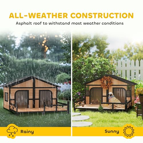 PawHut Dog House Outdoor, Wooden Dog Kennel Weatherproof with Porch, Openable Roof, Removable Bottom, Elevated Floor, Double Room for 2 Small to Medium Breeds, Natural