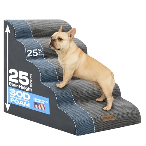 Miorun Extra Wide Dog Stairs for Large Dogs Up to 80lbs, 25" Pet Steps for High Bed with Washable Cover, 5-Step Foam Bed & Couch Ladder for Small Medium Dogs & Senior Cat, Gray