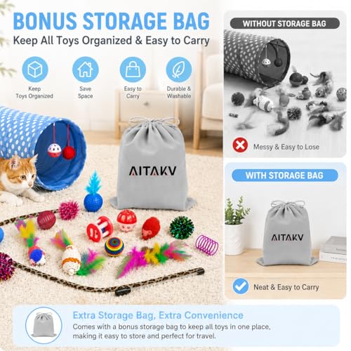 AILUKI 35 PCS Cat Toys Kitten Toys Assortments,Variety Catnip Toy Set Including 2 Way Tunnel,Cat Feather Teaser,Catnip Fish,Mice,Colorful Balls and Bells for Cat,Puppy,Kitty