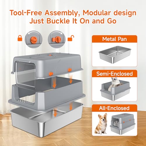 KISENG Stainless Steel Litter Box with Lid, High Sided Enclosed Metal Litter Box for Big Cats, Easy Cleaning Anti-Urine Leakage, Non-Sticky Cat Box, Front Entry Top Exit KittyBox, Includes Mat & Scoop