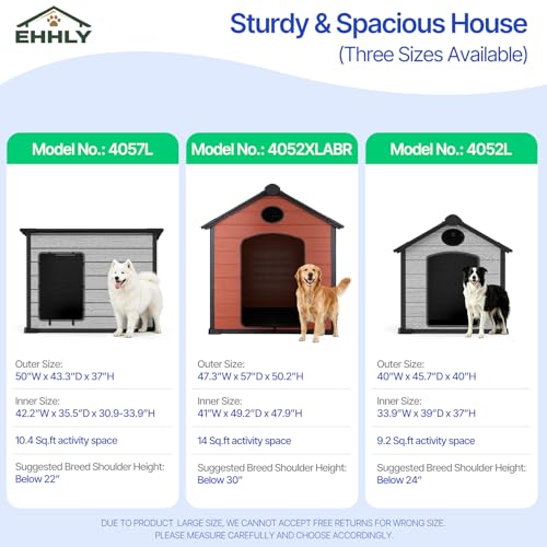 EHHLY 57" Extra Large Dog House Outdoor,Durable Resin DogHouses with 16mm Thick Durable Walls,14 Sq. ft Activity Space&Dual Air Vents,Suitable for Pets Up to 300lbs(57Lx47Wx50H, Brown)