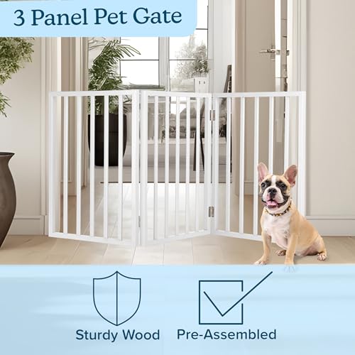 Pet Gate - 3-Panel Indoor Foldable Dog Fence for Stairs, Hallways or Doorways - 54x24-Inch Retractable Wood Freestanding Dog Gates by PETMAKER (White)