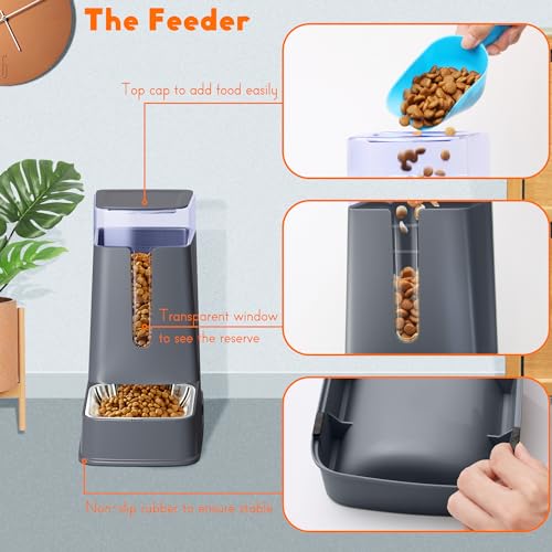 Hipidog Cat Food Dispenser and Cat Water Dispenser Set with Stainless Steel Bowls Gravity Dog Feeder for Small Medium Big Cat Dog Pet Puppy Kitten, 1 Gallon x 2