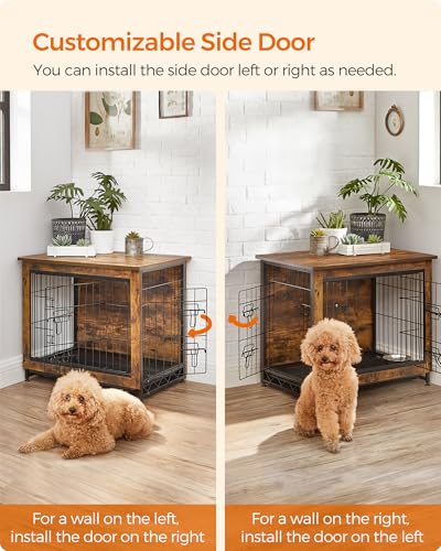 Feandrea 27.2" Dog Crate Furniture, Indoor Dog Cage Side End Table, M Pet Wood Kennel for Medium and Small Dogs up to 30 lb with Multi-Purpose Removable Tray, Double-Door Pet House, Rustic Brown