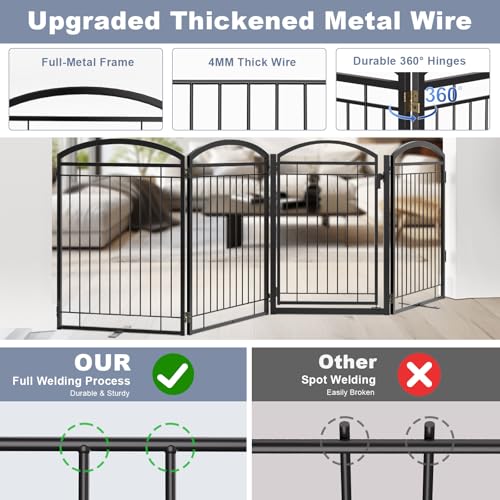 Full Metal Free Standing Dog Gate with Door for Outdoor Indoor,96'' Extra Wide 36'' Tall Dog Gates for Doorways,Large Openings,Decks,Porch,Freestanding Portable Pet Fence(4 Panels,Black)