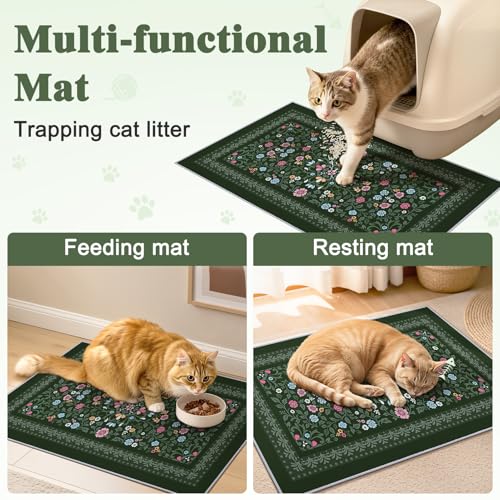 Bienbee Cat Litter Mat, 2PCS 33"x22" Machine Washable Litters Box Mats Non-Slip &Waterproof Cat Litters Trapping Mats Easy to Clean Mat for Litter Box Less Waste Protects Floors Dark Green L