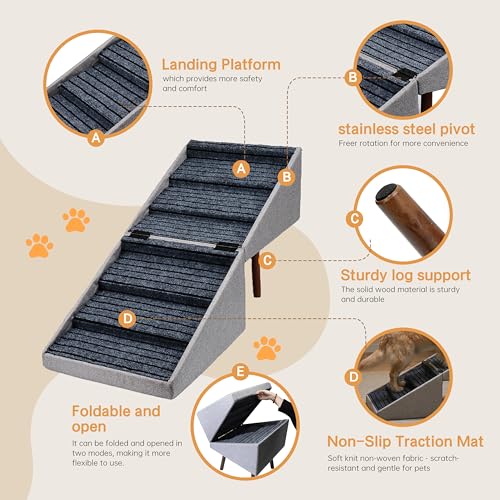 Haven Pet Dog Stairs for High Bed, 2-in-1 Ottoman Dog Stairs, 21 Inch Working Height, 6 Steps and Non-Slip Design for Large Dogs, Wooden Pet Furniture