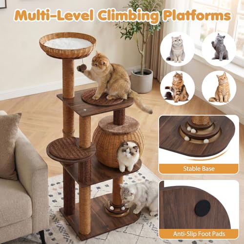 PETSITE 59.5-inch Tall PE Rattan Cat Tree, Multi-Level Modern Wooden Cat Tower with Sisal Scratching Posts, Ball Track Toy, Comfy Condo with Removable Soft Pads, and Hanging Ball, Ideal for Indoor Cat