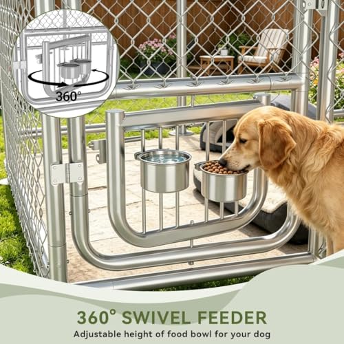 COMHOMA 7.5×7.5FT Dog Kennel Outdoor with Adjustable Bowls Feeder,Large Metal Dog Enclosure with Weather-Resistant Cover,Lockable Gate for Medium Large Dogs (Gunmetal, 7.5x7.5FT (90x90in))