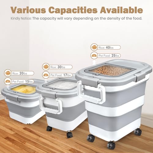 Komzon Rice Storage Container, Collapsible Airtight 10-40 Lb Rice Storage Container, 25lb Pet Dog Food Storage Container, Rice Dispenser Bin with Cup and Scoop for Flour Cereal Pasta Grain, Cat Bird