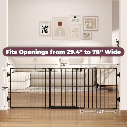 Cideny 29.4-78" Extra Wide Baby Gate, Long Dog Gates Indoor for Doorways Stairs, Essential Large Safety Gate for Child Toddler with Anti-Trip Pedal, Adjustable Pet Gate, 28" Tall 3 Metal Panels Black