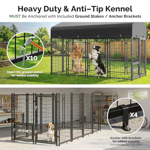 Sino Luban Dog Kennel Outdoor, 8x4x6FT Large Outside Dog Kennel with Roof, Heavy Duty Outdoor Kennel Dog Run Enclosure with 2 Rotating Bowls & Secure Lock for Large Dogs