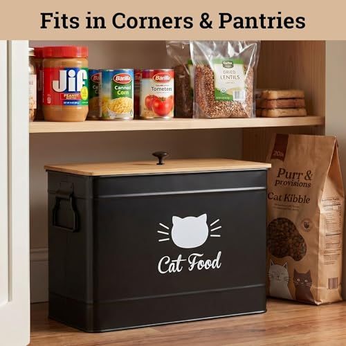 Cat Food Storage Container with Scoop - 15 lb (50 Cup) Capacity Metal Cat Food Container with Airtight Bamboo Lid & Metal Scoop - Airtight Pet Food Storage Containers - 15 lb Treats & Kibble Container