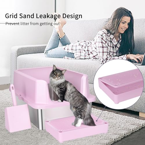 RIZZARI Large Pink Stainless Steel Cat Litter Box - Open-Top with Non-Stick Coating, High Sides Splash-Proof, Easy Clean for Cats up to 20 lbs, Ideal for Living Rooms & Apartments