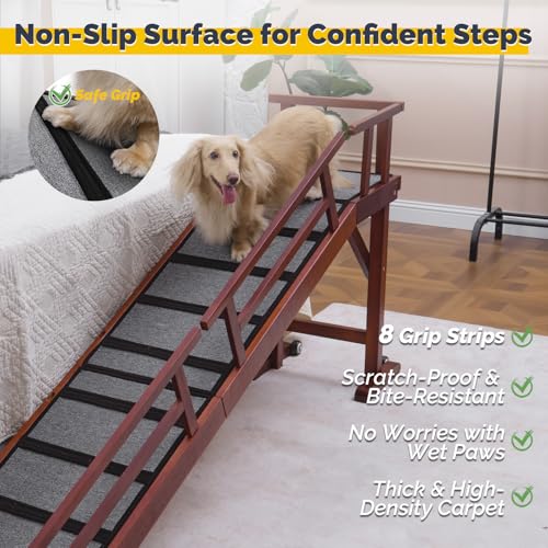 KUVETO Dog Ramp for Bed or Couch, Wooden Pet Ramp with 20° Gentle Slope, Removable Side Rails, Non-Slip Surface, Top Platform & Wheels, Safe Bed Ramp for Small, Large & Senior Dogs, 74" Long, Mahogany