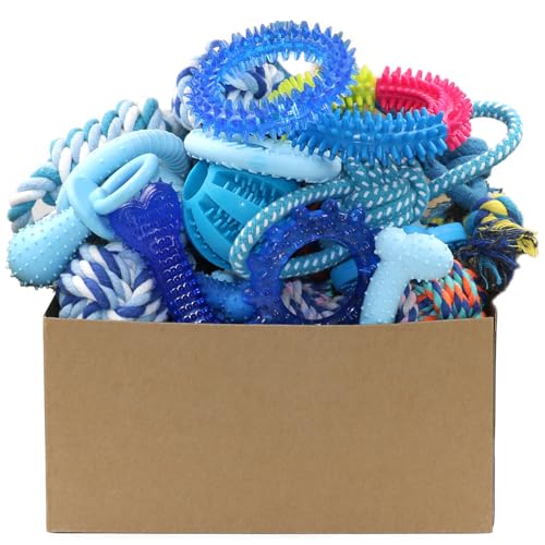 Beiker 20 Pack Puppy Chew Toys - Blue Dog Teething Toys for Puppies, Puppy Teething Rings and Ropes, Rubber Toy Bundle for Small Dogs, Cute Interactive Dog Balls for Small Breed