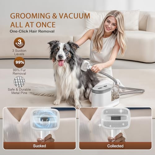 Ozumek Dog Grooming Vacuum, Dog Grooming Kit, 3 Suction Modes Dog Brush Vacuum with 5 Pet Grooming Tools (Alabaster)