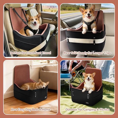 PETSFIT Dog Car Seat for Small/Medium Dogs Up to 35 lbs – Patented Safety System, 5" Memory Foam Pet Booster Car Seat, Fully Detachable and Washable Dog Carseat with 2 Storage Pockets (Black/Brown)