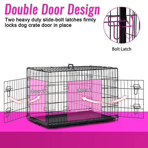 FDW Dog Crate for Large Dogs 48 Inch Folding Metal WirePet Cage Double Door W/Divider Panel Indoor Outdoor Kennel Leak-Proof Plastic Tray,Black