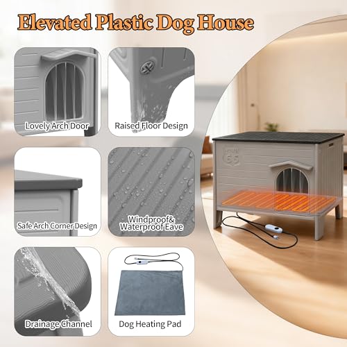 Heated Dog House for Outside Weatherpoof Plastic Dog Houses Outdoor Indoor Waterproof Feral/Pet Dog Shelter for Medium and Small Dogs (Grey)