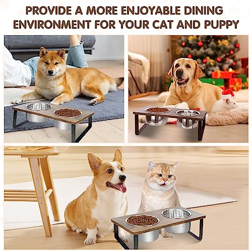 KEVIDEAWL Elevated Dog Bowls for Small Medium Wood Dogs Raised Bowl Stand with 2 Stainless Steel Deep Dog Food and Water Bowls, Anti Vomit, Non-Slip Feeding Dishes(Tilted，3 inches in Height, 40oz