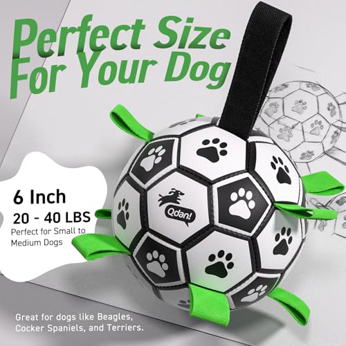 QDAN 6 Inch Dog Toys, Durable Floatable Dog Balls for Tug, Fetch, Herding and Water Play, Soft PU, World Cup Dog Soccer Ball with Straps for Small to Medium Dogs, Ideal Outdoor Play & Birthday Gift