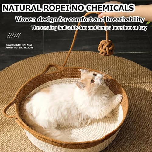 FHKPET Instinct Basket, Stimuli Handwoven cat Basket Rope Cotton Eliminates Bed Rejection Round Pet Basket, Boho Catbed for Cats Handwoven Scratchable Breathable Weave (Large)
