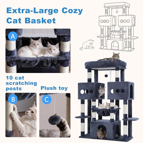 Hey-brother Cat Tree Tower, Large Sisal Scratching Posts with Big Platform, 3 Spacious Condos, Plush Hammock, Toy, 57.5 Inches Multi-Level Furniture for Indoor Adults Maine Coon, Smoky Gray MPJ083G