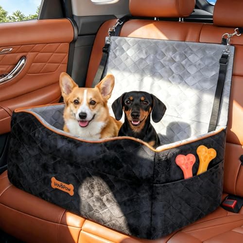 VavoPaw Dog Car Seat for Medium Dog, Dogs Booster Seat Under 50Lbs or 2 Small Dogs Washable, Pet Car Seats with 2 Safety Leashes, Pets Sofa Bed Cushion Add Thick Sponge, Pet Cars Carrier for Travel