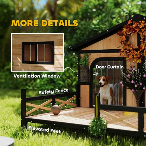 PawHut Dog House Outdoor, Wooden Dog Kennel Weatherproof with Porch, Openable Roof, Removable Bottom, Elevated Floor, Double Room for 2 Small to Medium Breeds, Natural
