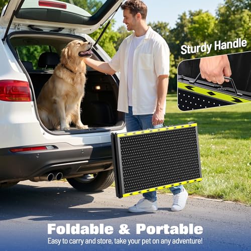 74" L x 20" W Extra Long Dog Ramp for Car - Wider Portable Pet Ramp for Large Dogs, Foldable Dog Car Ramps for Truck, SUV, RV & Bed, Outdoor Dogs Ramps with Non-Slip Mesh Supports Up to 250LBS, Black