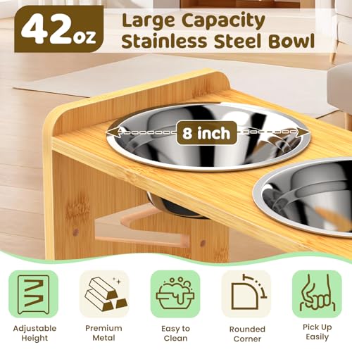CozyLazy Elevated Dog Bowls, Adjustable Raised Dog Bowl Stand for Medium and Small Dog, 11" High Bamboo Pet Food Feeder with 2 Stainless Steel Dishes（4 Heights）