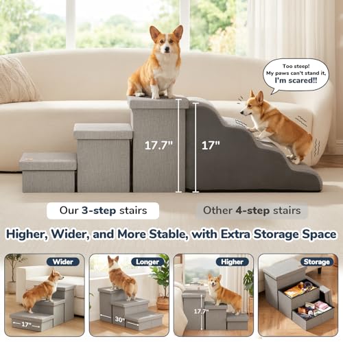 Fecuria 3-Step Wide Dog Stairs with Hidden Storage 18" H, Non-Slip Dog Steps for High Bed Couch Window Car, Jiont-Friendly Pet Stairs Ramp for Small/Medium/Large Old Dogs Cats Up to 220lbs, Grey