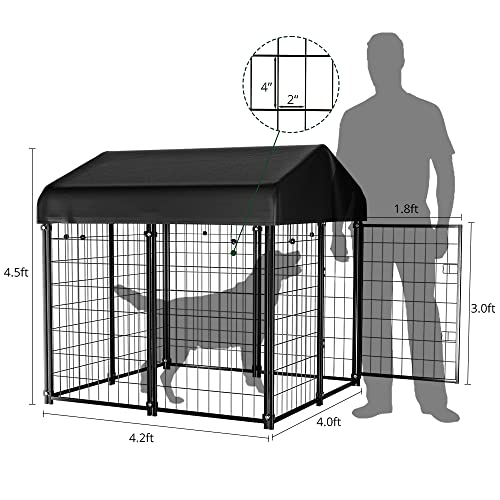 Dog Kennel Outside with Roof, 4'x4'x4.5' Outdoor Dog Kennels for Large Dogs, Heavty Duty Welded Dog Crate Playpen with UV-Resistant Waterproof Cover
