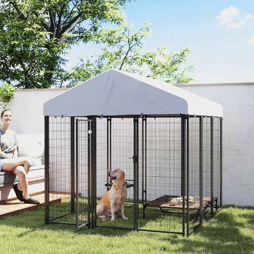 PawHut Outdoor Dog Kennel with Roof, 6' x 6' x 6' Heavy Duty Welded Wire Dog Playpen Enclosure with Escape-Proof Lock, UV-Resistant & Waterproof Cover, for Large Dogs, Chickens, Ducks, Silver