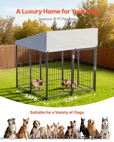 VEVOR Outdoor Dog Kennel, 3.67 x 3.78 x 4.1 ft Large Dog Kennel with Secure Lock, Outside Dogs Enclosures with UV-Resistant & Waterproof Roof Cover, Heavy Duty Pet Crate Cage Run for Large Dogs