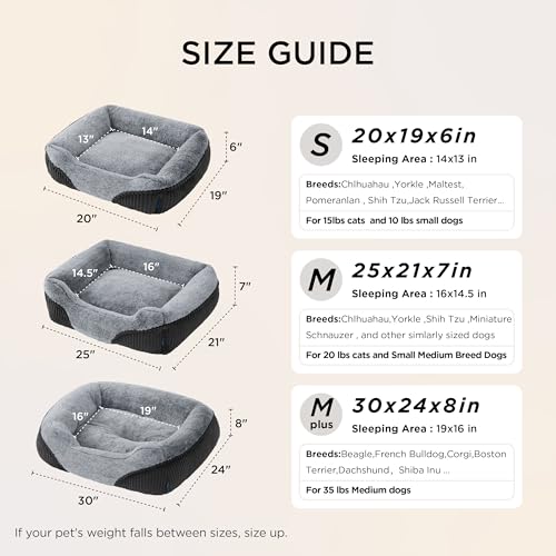 Bedsure Washable Dog Bed Small Medium Size Dog - Rectangle Fluffy Plush Pet Bed Puppy Bed, Comfy Corduroy Fleece and Nonskid Bottom,25x21x7inches,Suitable for Pet Up to 20lbs,Grey