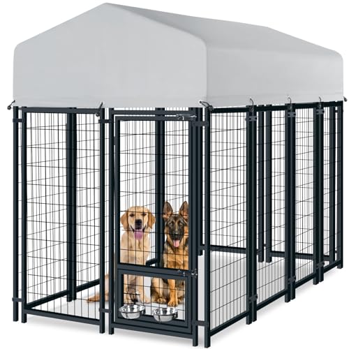 Oranland 8x4x6FT Outdoor Dog Kennel, Heavy Duty Welded Wire Steel Dog Kennel for Large Dogs with Secure Lock, Upgraded Heat Dissipation & Reflective Silver Waterproof Roof with 2 Rotating Dog Bowls