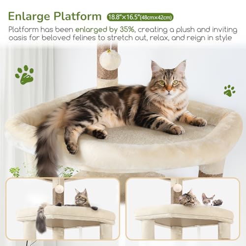 Globlazer Extra Large Platform Cat Tree, 65in Tall Sturdy Cat Tree for Indoor Cats Large Adult, Big Cat Tower for Big Cats with 3 Enlarged Perches, 6 Scratching Posts, Cat Condo, Hammock, S65, Beige