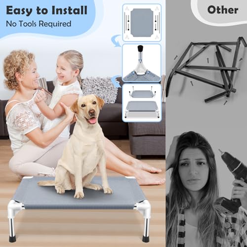 Elevated Cooling Dog Bed, Raised Outdoor Dog Bed for Medium Dogs, Portable Pet Cots with No-Slip Rubber Feet, Double Layer Polyester Cotton