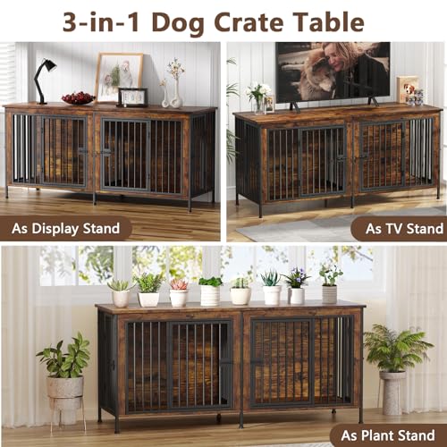 EasyCom Dog Crate Furniture for 1 or 2 Dogs, Heavy Duty Single/Double Dog Crates for Small/Medium/Large Dogs, Dog Kennel Furniture Indoor as TV Stand, Large Size 78.74" L(35-60 Pounds), Brown