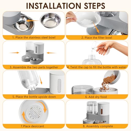 Automatic Gravity Cat Dog Feeder and Water Dispenser with 304 Stainless Steel Bowls 2 in 1 360 Degree Rotatable Auto 2.4L Dry Food and 2.6L Water Bowl for Small Medium Pet Dog Puppy Kitten (Gray)