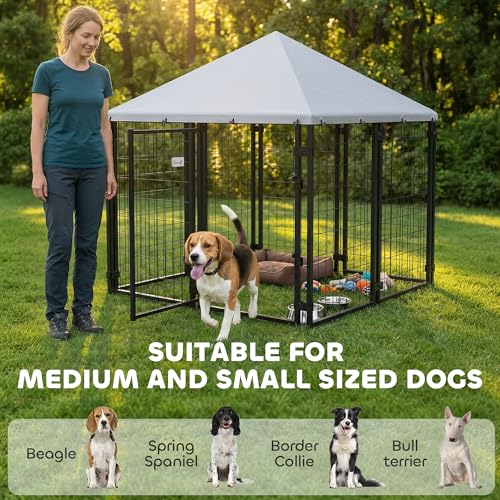 PawHut 4.7' x 4.7' x 5.1' Outdoor Dog Kennel, Welded Wire Dog Kennel Outside Run with Waterproof & UV Resistant Cover, for S&M Breeds, Chickens, Ducks, Silver