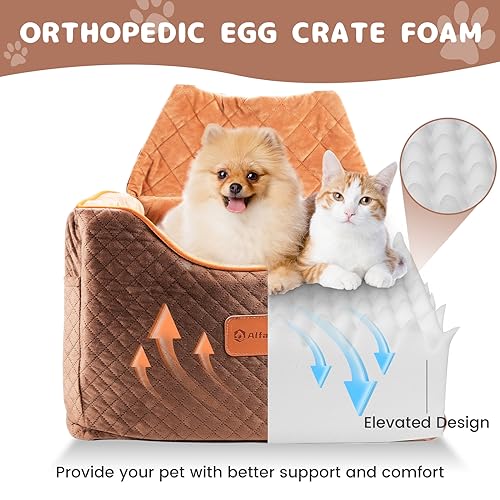 AlfaTok Memory Foam Booster Dog Car Seat with Washable Removable Cover, Elevated Pet Car Seat, Anti-Slip Sturdy Booster Seats for Small Dogs 35lbs, Seat Belt, Storage Pocket, Dog Blankets