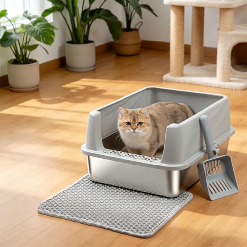 FUTAM Stainless Steel Litter Box with Lid, Metal Litter Box High Sides, Low Entry Litter Boxes with Scoop and Mat,Non-Stick,Anti-Leakage,Easy to Clean Litterbox for Small to Medium Cats