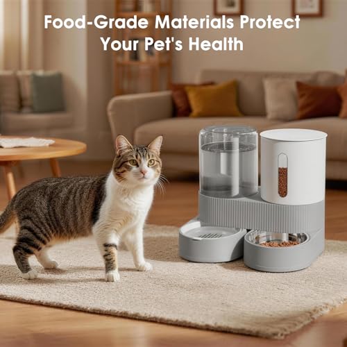 Automatic Gravity Cat Dog Feeder and Water Dispenser with 304 Stainless Steel Bowls 2 in 1 360 Degree Rotatable Auto 2.4L Dry Food and 2.6L Water Bowl for Small Medium Pet Dog Puppy Kitten (Gray)