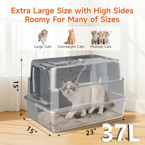 KISENG Stainless Steel Litter Box with Lid, High Sided Enclosed Metal Litter Box for Big Cats, Easy Cleaning Anti-Urine Leakage, Non-Sticky Cat Box, Front Entry Top Exit KittyBox, Includes Mat & Scoop