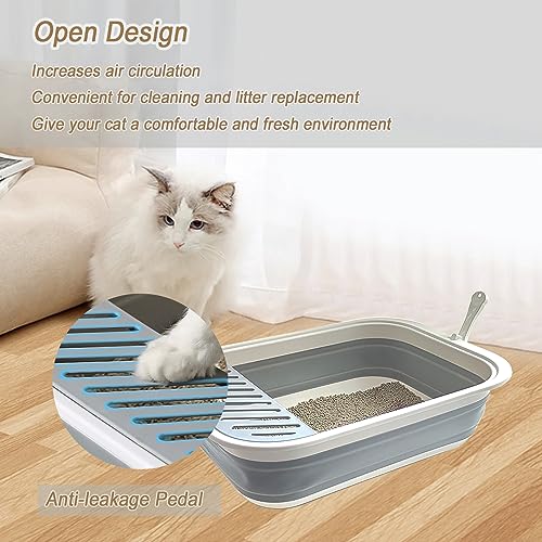 chuyouan Collapsible Kitten Litter Box, 17.7 x 13.4 x 5 inch Open Cat Potty Pan with Scoop Foldable Shallow Cat Toilet Anti-Splashing Low Entrance Travel Litter Box with Falling Sand Pedal Grey